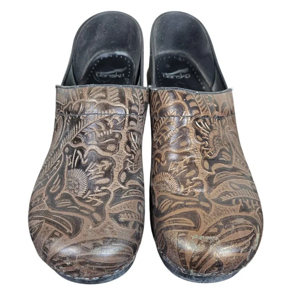 Dansko Floral Tooled Clogs Sz 41 US 10.5 - 11 Brown Leather Comfort
